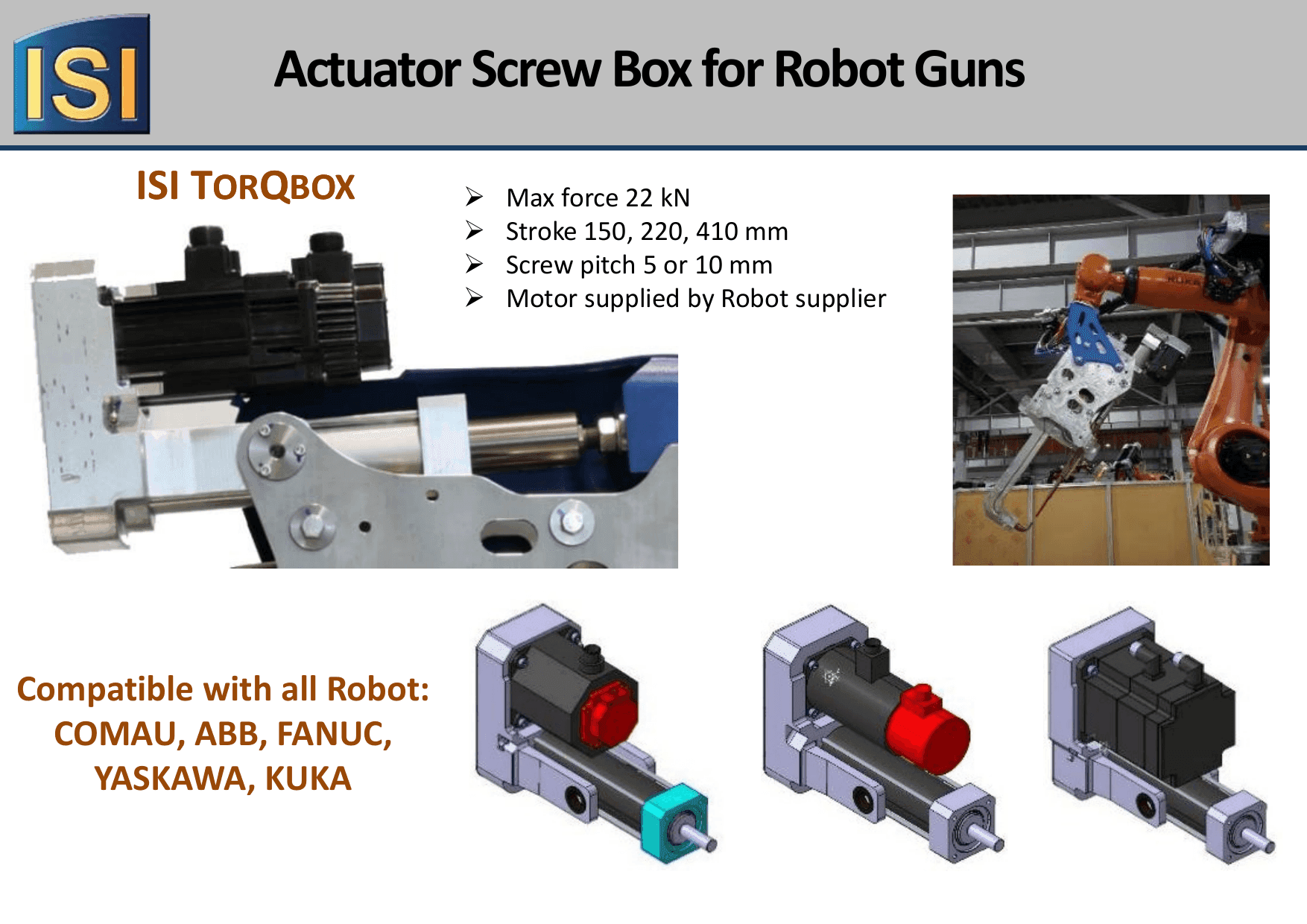 ISI TorqBox actuator screw box — specs + robot compatibility list