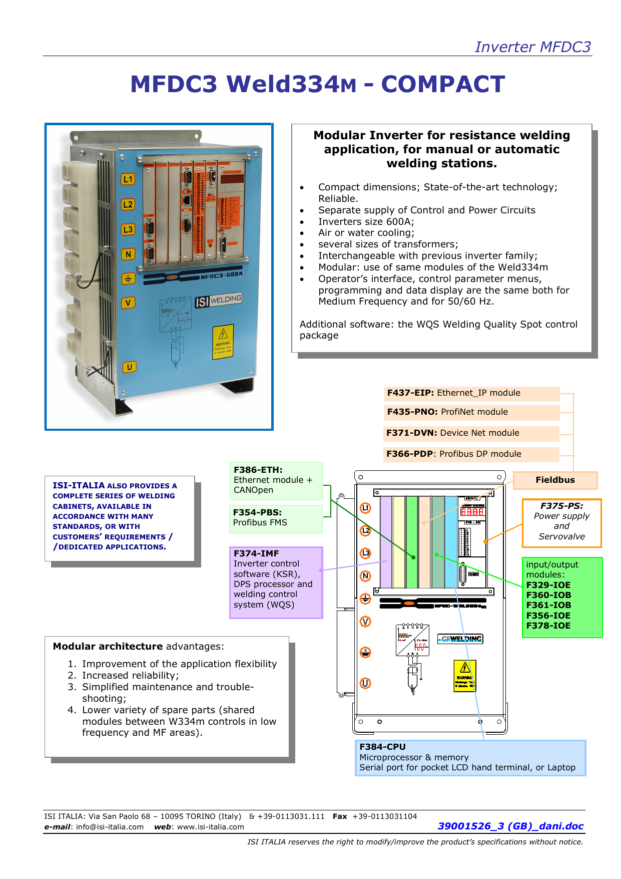 Weld334M Compact spec page — all modules, fieldbus options diagram