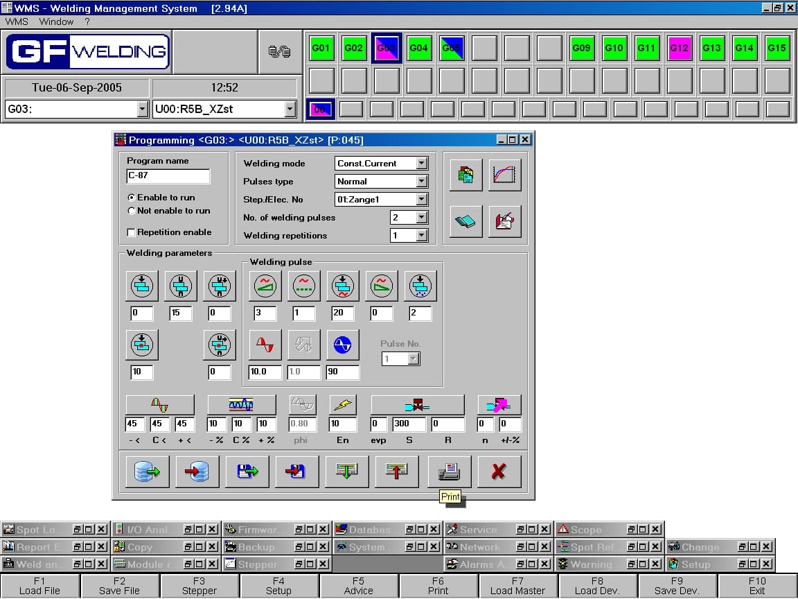 WMS Programming screen — welding parameters interface